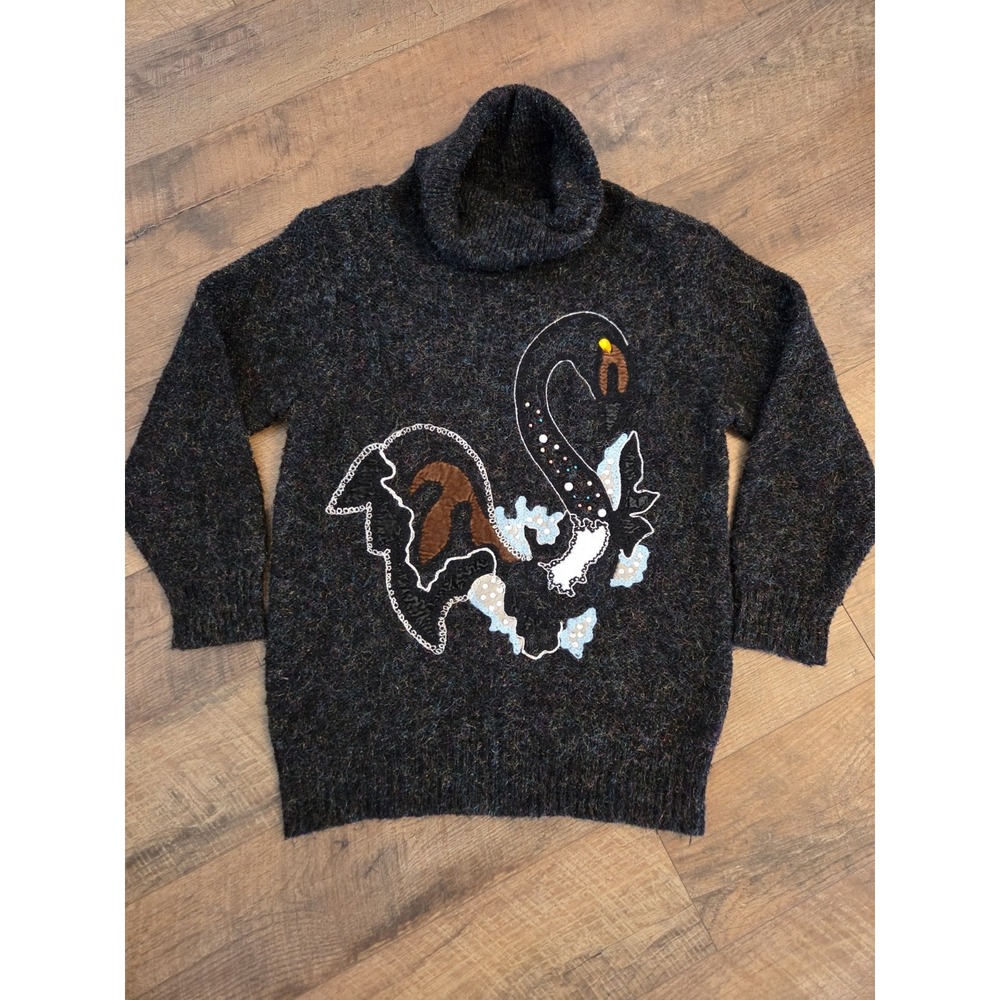 Vintage Lilly Of California Swan Sweater Wool Blend Beaded Details Black Med